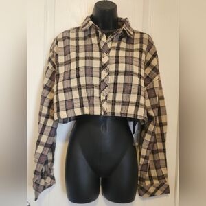 Nasty Gal Cropped Plaid Button-Up in Cream, Black & Brown